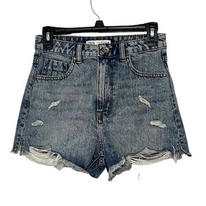 ZARA Denim Jean Shorts Size 4 USA 
Blue High Rise Frayed Distressed